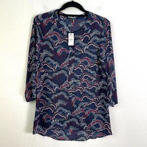 NEW $49 Express Womens Medium Printed Popover Blouse 3/4 Sleeve Shirt Top